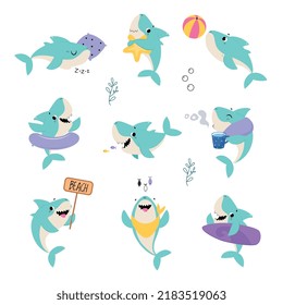 Comic Blue Shark as Marine Animal Sleeping, Playing Ball and Eating in the Ocean Vector Set