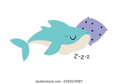 Comic Blue Shark as Marine Animal Sleeping on Pillow in the Ocean Vector Illustration