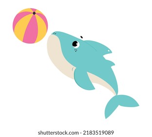 Comic Blue Shark as Marine Animal Playing Ball in the Ocean Vector Illustration