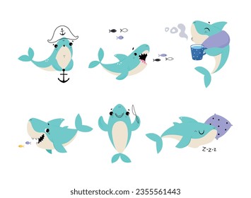 Comic Blue Shark as Marine Animal Vector Set