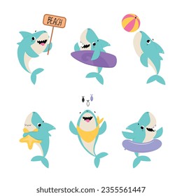 Comic Blue Shark as Marine Animal Vector Set