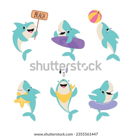 Comic Blue Shark as Marine Animal Vector Set