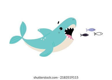 Comic Blue Shark with Open Mouth Chasing Fish as Marine Animal Floating in the Ocean Vector Illustration.