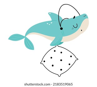 Comic Blue Shark With Pillow Wearing Night Cap Sleeping In The Ocean Vector Illustration