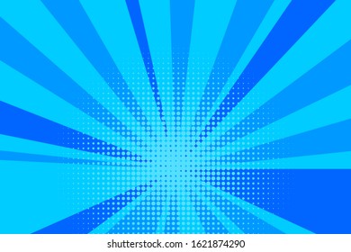 Comic blue sunbeam background. Retro pop art style cartoon background. Vintage halftone vector illustration. Layout retro cartoon template. Comic book blue superhero burst effect