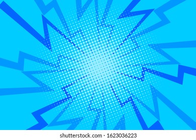 Comic blue sunbeam background. Retro pop art style cartoon background. Vintage halftone vector illustration. Layout retro cartoon template. Comic book blue superhero burst effect