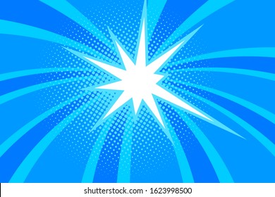 Comic blue sunbeam background. Retro pop art style cartoon background. Vintage halftone vector illustration. Layout retro cartoon template. Comic book blue superhero burst effect
