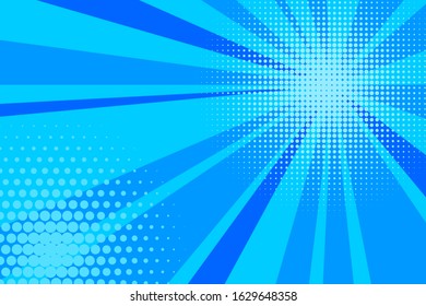 Comic blue sunbeam background. Retro pop art style cartoon background. Vintage halftone vector illustration. Layout retro cartoon template. Comic book blue superhero burst effect