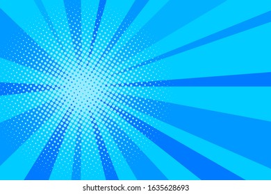 Comic blue sunbeam background. Retro pop art style cartoon background. Vintage halftone vector illustration. Layout retro cartoon template. Comic book blue superhero burst effect