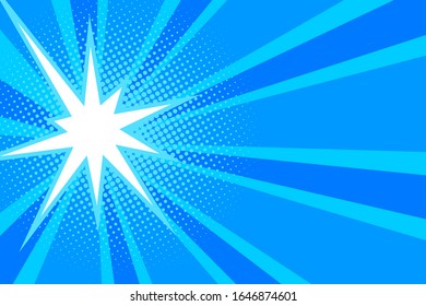 Comic blue sunbeam background. Retro pop art style cartoon background. Vintage halftone vector illustration. Layout retro cartoon template. Comic book blue superhero burst effect