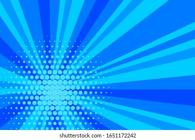 Fondo de luz solar azul cómico. Caricatura de fondo estilo retro pop. Ilustración vintage de medio tono vectorial. Plantilla de dibujo retro de diseño. Efecto de explosión de superhéroe azul del libro de historietas