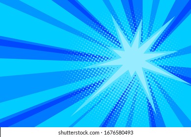 Comic blue sunbeam background. Retro pop art style cartoon background. Vintage halftone vector illustration. Layout retro cartoon template. Comic book blue superhero burst effect