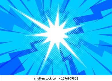 Comic blue sunbeam background. Retro pop art style cartoon background. Vintage halftone vector illustration. Layout retro cartoon template. Comic book blue superhero burst effect