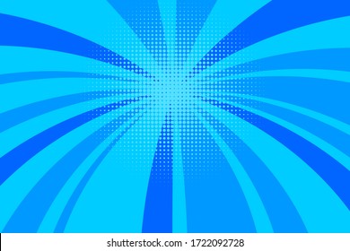 Comic blue sunbeam background. Retro pop art style cartoon background. Vintage halftone vector illustration. Layout retro cartoon template. Comic book blue superhero burst effect