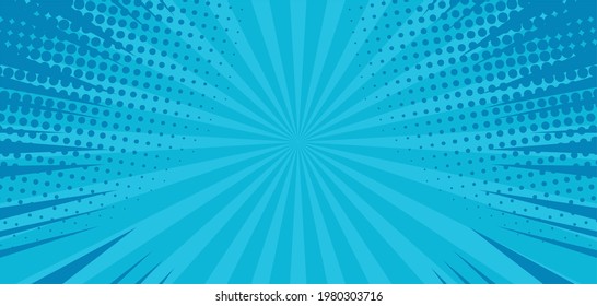 Comic blue sunbeam background. Retro pop art style cartoon background. Vintage halftone vector illustration. Layout retro cartoon template. Comic book blue superhero burst effect