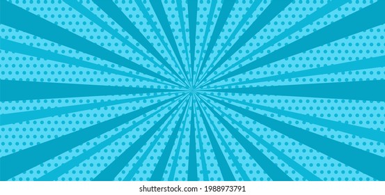 Comic blue sunbeam background. Retro pop art style cartoon background. Vintage halftone vector illustration. Layout retro cartoon template. Comic book blue superhero burst effect