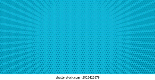 Comic blue sunbeam background. Retro pop art style cartoon background. Vintage halftone vector illustration. Layout retro cartoon template. Comic book blue superhero burst effect