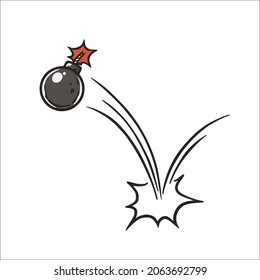 Comic bomb boom bang. Flying bomb cartoon with burning wick.