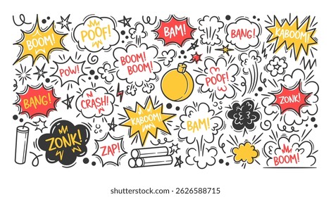 Conjunto de bomba cómica con burbujas de discurso de dibujos animados, letras divertidas, efectos de explosión y salpicaduras