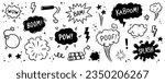 Comic bomb boom vector element. Hand drawn cartoon explosion bomb effect, splash, exclamation smoke element. Doodle hand drawn text boom, pow, wow. Vector illustration.