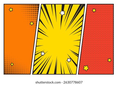 Comic book 3 panels, storyboard style pop art, frame retro cartoon