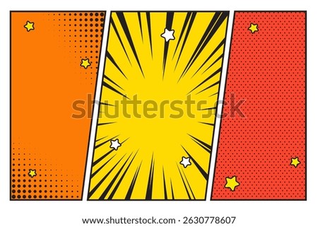 Comic book 3 panels, storyboard style pop art, frame retro cartoon
