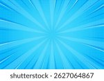 Comic book abstract blue background with starburst pattern. Pop art radial rays of explosion with halftone effect. Manga action lines and flash concentric beams. Vector retro bright bg.