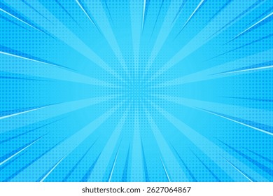 Quadrinhos abstrato fundo azul com padrão starburst. Raios radiais de explosão de pop art com efeito de meio-tom. Linhas de ação de mangá e feixes concêntricos de flash. Vetor retro brilhante bg.
