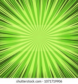 Comic book abstract template with dark rays and halftone humor effects on green radial background. Vector illustration