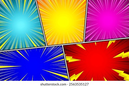 Comic Book Action Layout Background. Powerful comic illustration like page layout backgrounds with halftone dots, dynamic textures, and action speed effects