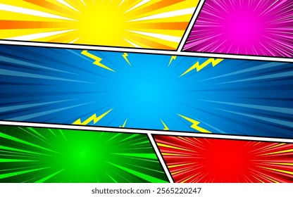 Comic Book Action Layout Background. Powerful comic illustration like page layout backgrounds with halftone dots, dynamic textures, and action speed effects