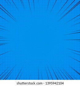 Comic book action lines. Blue pop art background speed lines halftone dots with high quality. Vector illustration
