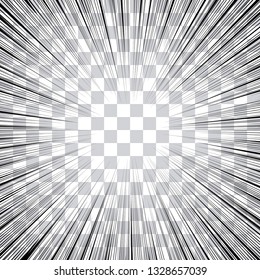 Comic book action lines. Speed lines Manga frame. Cartoon background. Black and white vector retro illustration on transparent background