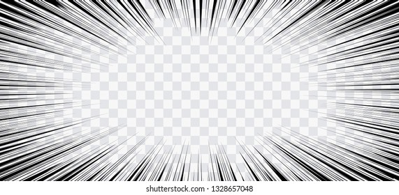 Comic book action lines. Speed lines Manga frame. Cartoon background. Black and white vector retro illustration on transparent background