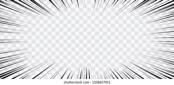 Comic book action lines. Speed lines Manga frame. Cartoon background. Black and white vector retro illustration on transparent background