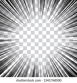 Comic book action lines. Speed lines Manga frame. Cartoon background. Black and white vector retro illustration on transparent background