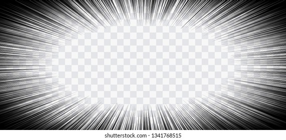 Comic book action lines. Speed lines Manga frame. Cartoon background. Black and white vector retro illustration on transparent background