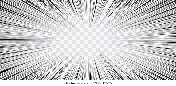 Comic book action lines. Speed lines Manga frame. Cartoon background. Black and white vector retro illustration on transparent background