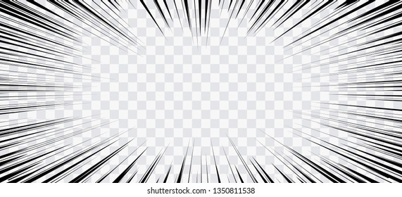 Comic book action lines. Speed lines Manga frame. Cartoon background. Black and white vector retro illustration on transparent background