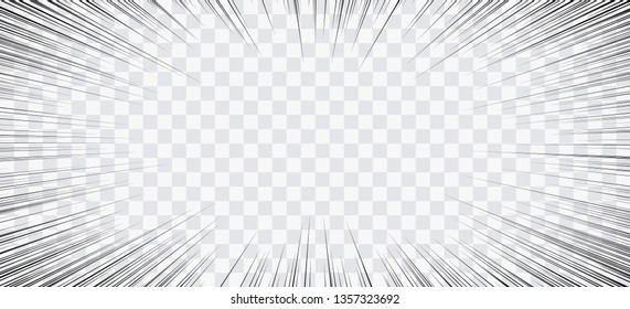 Comic book action lines. Speed lines Manga frame. Cartoon background. Black and white vector retro illustration on transparent background