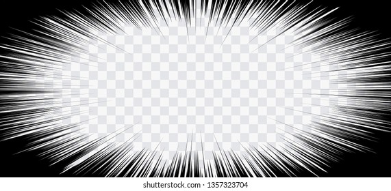 Comic book action lines. Speed lines Manga frame. Cartoon background. Black and white vector retro illustration on transparent background