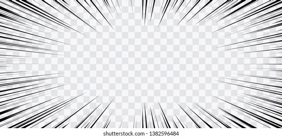 Comic book action lines. Speed lines Manga frame. Cartoon background. Black and white vector retro illustration on transparent background