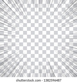 Comic book action lines. Speed lines Manga frame. Cartoon background. Black and white vector retro illustration on transparent background