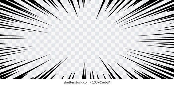 Comic book action lines. Speed lines Manga frame. Cartoon background. Black and white vector retro illustration on transparent background