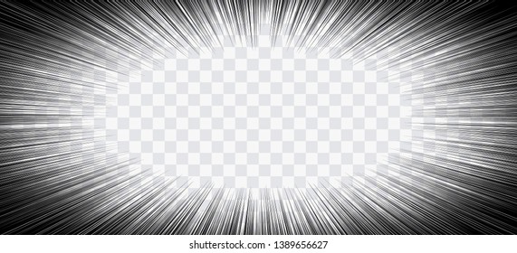 Comic book action lines. Speed lines Manga frame. Cartoon background. Black and white vector retro illustration on transparent background