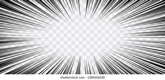 Comic book action lines. Speed lines Manga frame. Cartoon background. Black and white vector retro illustration on transparent background