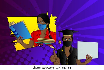 Comic book Afro-American female student, girl telling that learning will bring success, wearing face mask, holding blank paper, showing thumbs up sign. College University or High School schoolgirl.