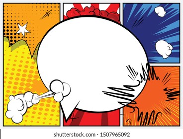 Comic book background with big blank speech bubble on colorful page.