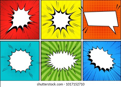 Comic book background with blank white speech bubbles sound halftone radial and rays effects in pop-art style. Vector illustration