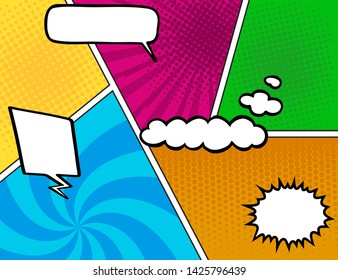 Comic book background.
Blank white speech bubbles of different shapes. Vector illustration